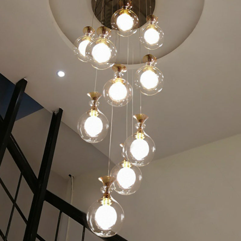 Gold Multi-Light Ceiling Lamp With Clear And Frosted Glass Ball Shades - Minimalistic Pendant For