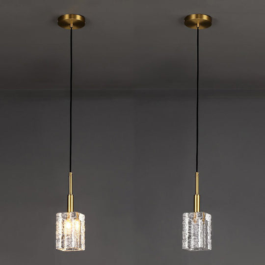 Gold Crystal Pendulum Dining Room Light - Simple Style Clear Rippled Glass 1-Bulb Hanging Fixture