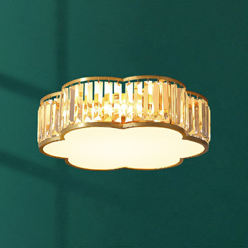 Minimalist Crystal Flower Ceiling Light In Brass - Tri - Sided Flush Mount