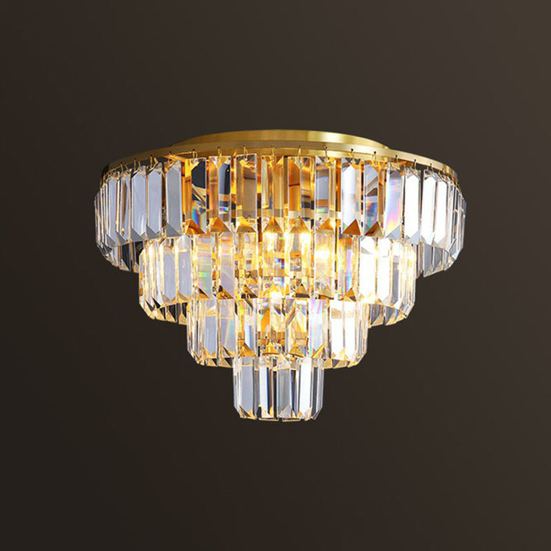 Postmodern Crystal Tiered Tapered Ceiling Flush Light For Bedroom - Clear Mount Fixture