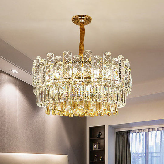 Rectangular Drum Crystal Chandelier With 9 Bulbs For Bedroom Ceiling Lighting In Clear And Simple
