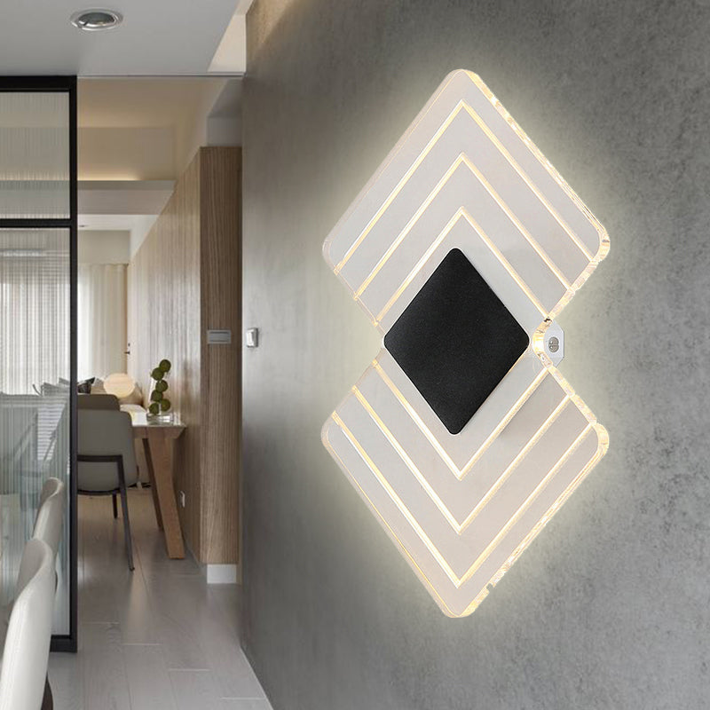 Modern Led Acrylic Wall Lamp: Textured Silver/Black Rhombus Sconce Light With Remote Control