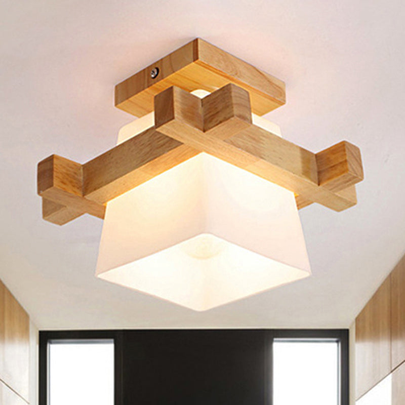 Trapezoid Opal Glass Pendant Light With Wood Deco – Japanese Style Ceiling Lamp For Bedroom