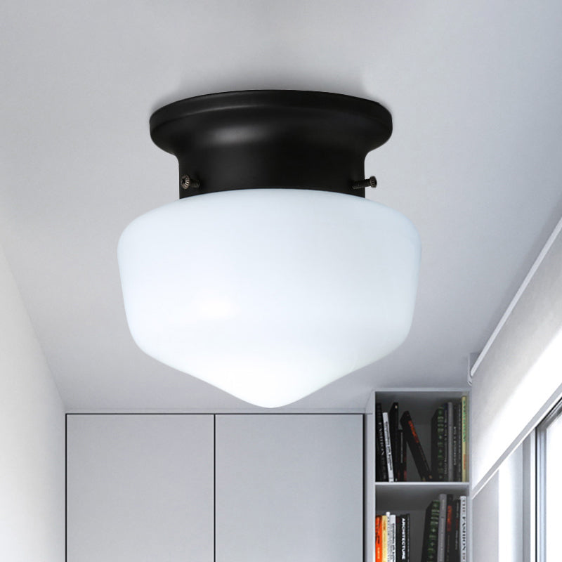 Modern Schoolhouse - White Glass Flush Mount Ceiling Light Fixture Black Finish