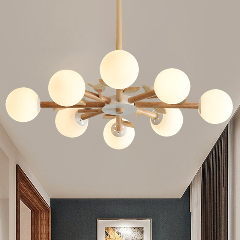 Japanese-Inspired Bedroom Chandelier With Orb Shade Birds Wood And Glass In White