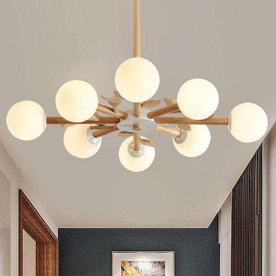 Japanese-Inspired Bedroom Chandelier With Orb Shade Birds Wood And Glass In White
