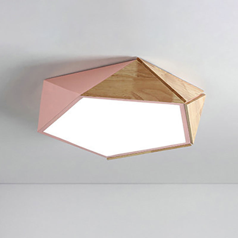 Macron Style Pentagon Study Room Ceiling Lamp In Green/Pink/Yellow - Acrylic & Wood Led Mount Light
