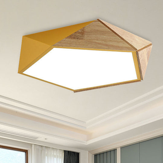 Macron Style Pentagon Study Room Ceiling Lamp In Green/Pink/Yellow - Acrylic & Wood Led Mount Light