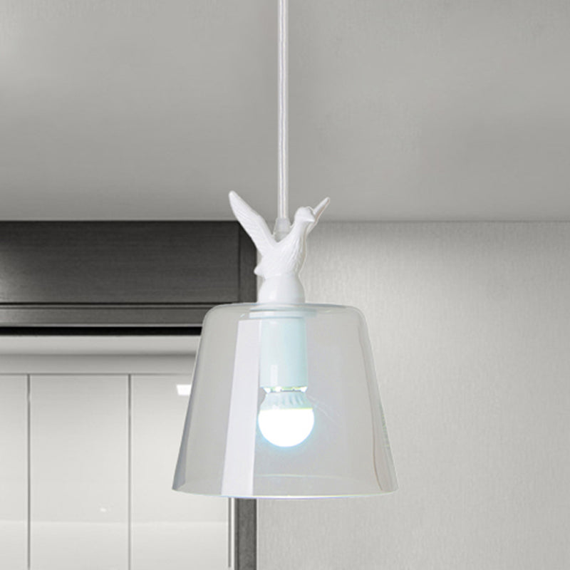 Modernist Pendant Lighting: Cylindrical/Barrel Shaped Hanging Lamp With Clear Glass Bird Design (1/5