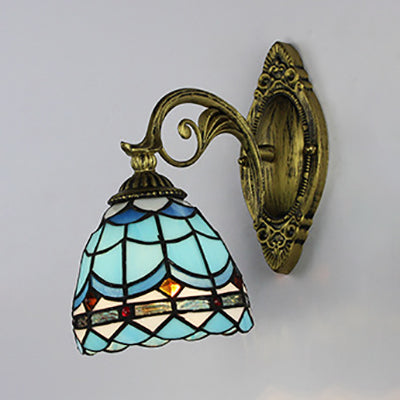 Blue Stained Glass Nautical Wall Sconce With Dome/Swallow-Tail Shape - 1 Light Mount