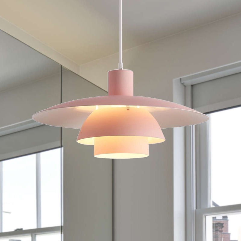 Nordic Metal Pendant Lamp With Tiered Design And Flared Shade - 1-Head Pink/White Hanging Lighting