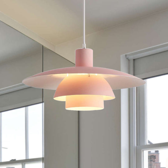 Nordic Metal Pendant Lamp With Tiered Design And Flared Shade - 1-Head Pink/White Hanging Lighting