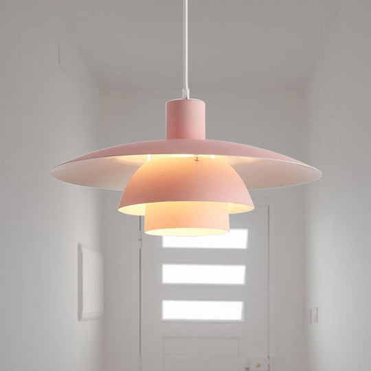 Nordic Metal 1-Head Ceiling Pendant Lamp – Modern Tiered Design With Flared Shade In Pink/White
