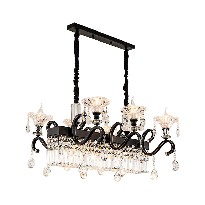 Vintage Black Crystal Prism Island Pendant Lamp - 9 Lights With Flared Suspension And Scroll Arm