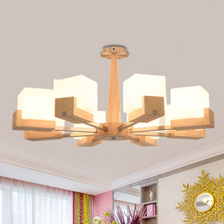 Modern Wood Radial Semi Flush Ceiling Lamp With White Glass Shade - 3/5/8 Lights Beige Fixture