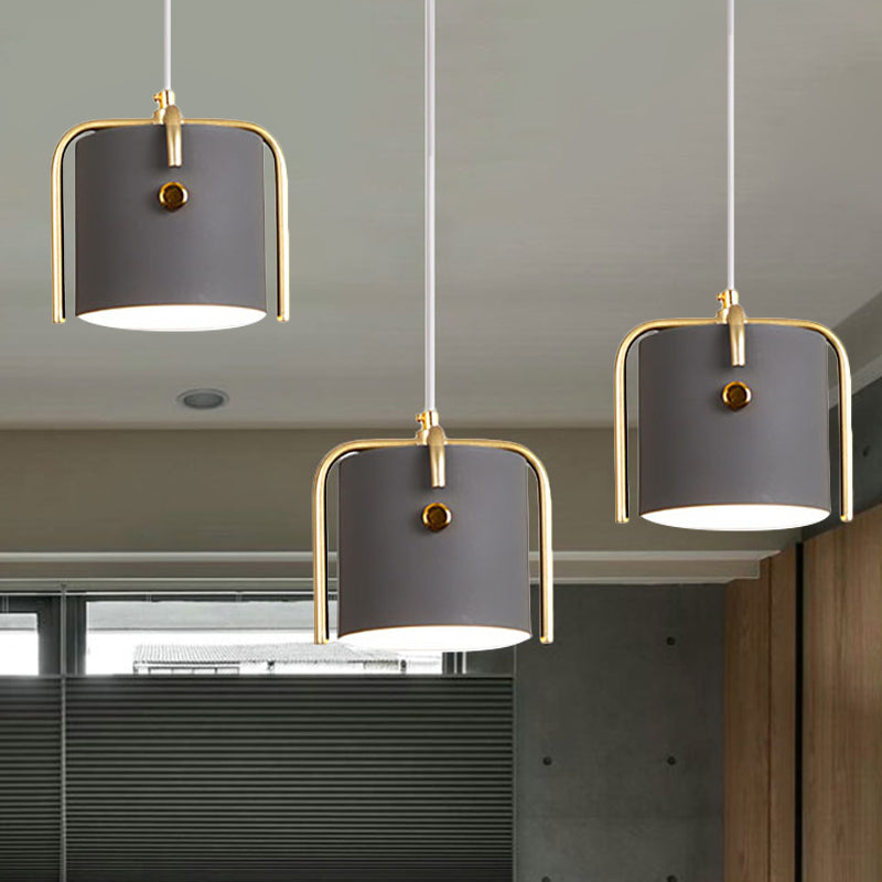 Stylish Macaron Hanging Light - 1 With Metallic Shade Gray/White Barrel Suspension Lamp Ideal For