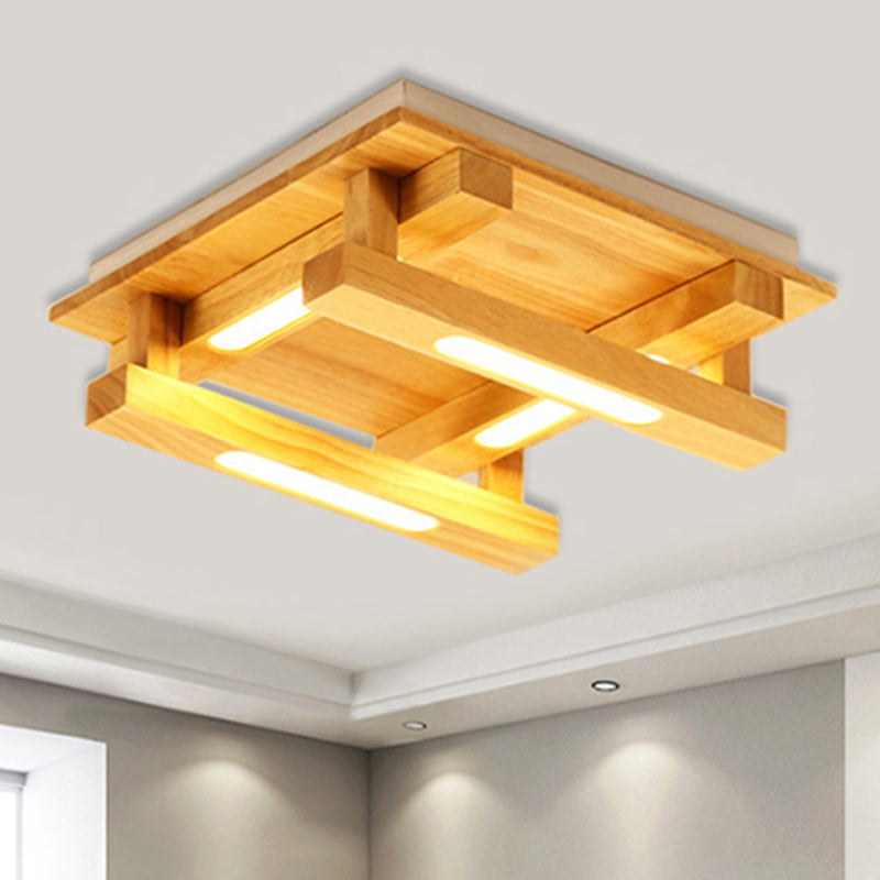 Led Flush Ceiling Light With Square Wood Shade - Modernist Brown Finish For Living Room (1/4/9