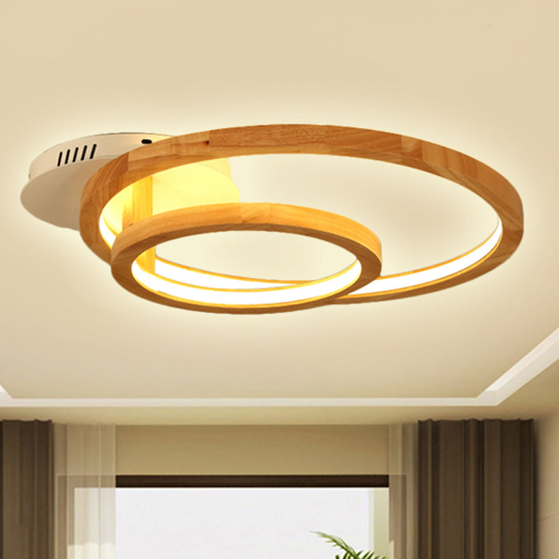 Modern 2 - Tier Ring Wood Led Brown Semi Flush Mount For Warm Bedroom Light - 18.5’/23’ Wide