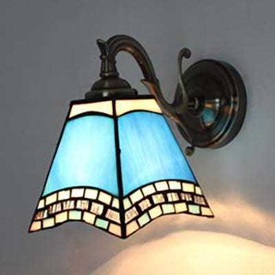 Rustic Tiffany Style Stained Glass Wall Sconce - 1 Light Brown/Blue/Beige/Blue-White For Bedroom
