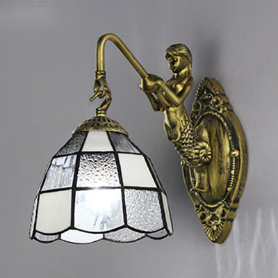 Baroque Grid Patterned Sconce Lighting - White/Blue Glass Wall Mounted Light Fixture For Hallway