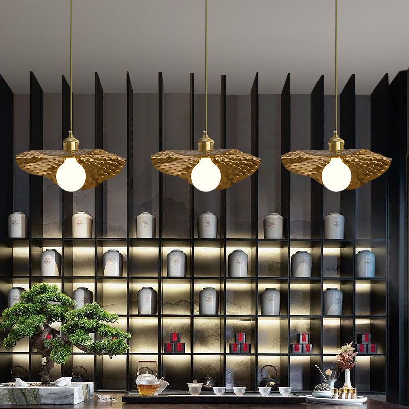 Postmodern 1-Light Brown Hammered Metal Lotus Leaf Pendant Ceiling Lamp