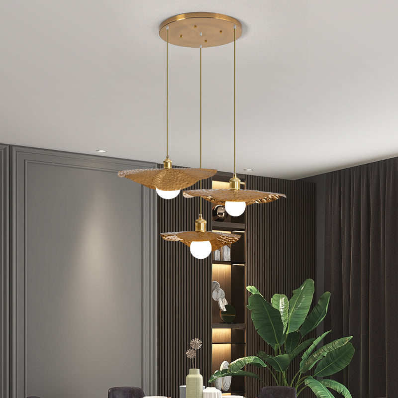 Postmodern 1-Light Brown Hammered Metal Lotus Leaf Pendant Ceiling Lamp