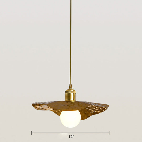 Postmodern 1-Light Brown Hammered Metal Lotus Leaf Pendant Ceiling Lamp
