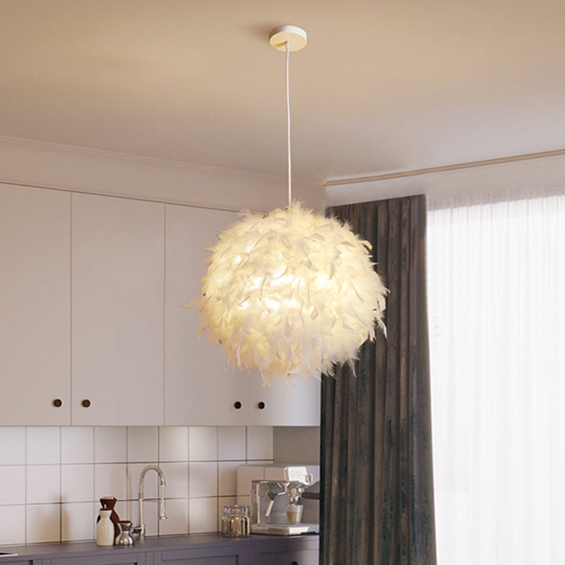 White Minimalistic Bedroom Pendant Light With Feather Detail