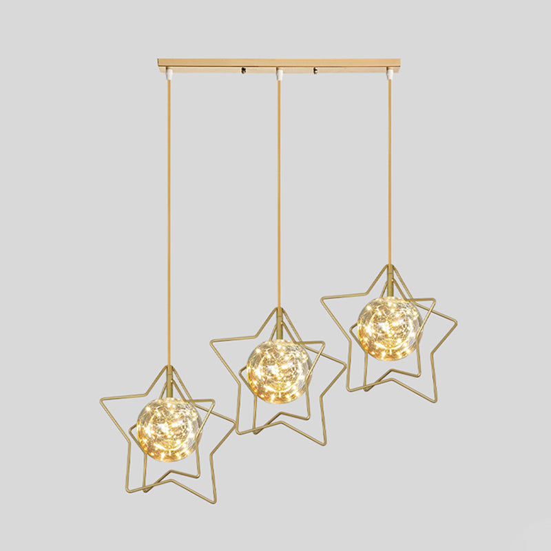 Gold Star And Ball Cluster Pendant - 3 Heads Clear Glass Led Hanging Light For Restaurants