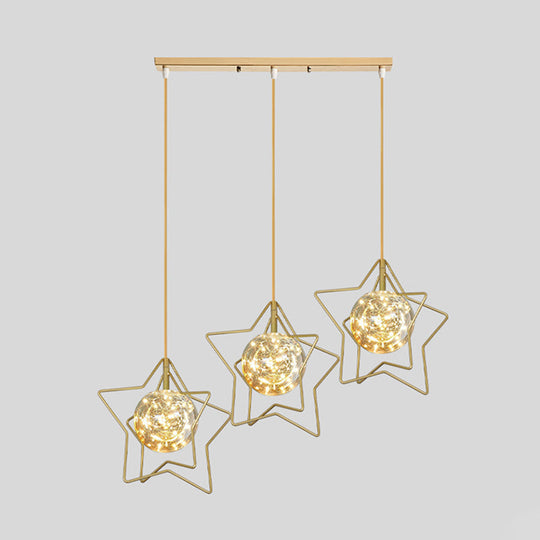 Gold Star And Ball Cluster Pendant - 3 Heads Clear Glass Led Hanging Light For Restaurants
