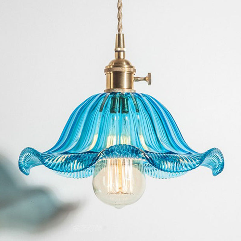 Retro Ruffled Hanging Light: Carved Glass Pendant Lamp With Rotary Switch Blue