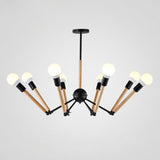 Modern Black Metal Spider Chandelier With Wooden Accents - Loft Style Ceiling Hang Light For Living