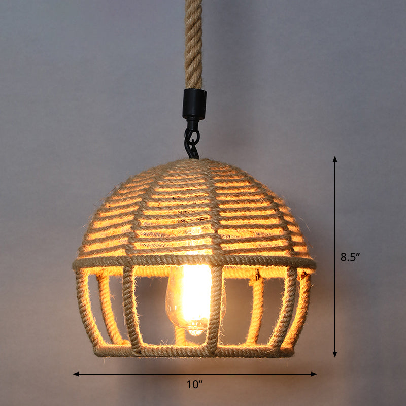 Country Style Wood Rope Pendant Light For Restaurants - Single Cage Shade Suspension