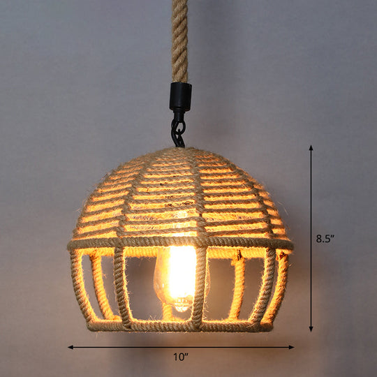 Country Style Wood Rope Pendant Light For Restaurants - Single Cage Shade Suspension