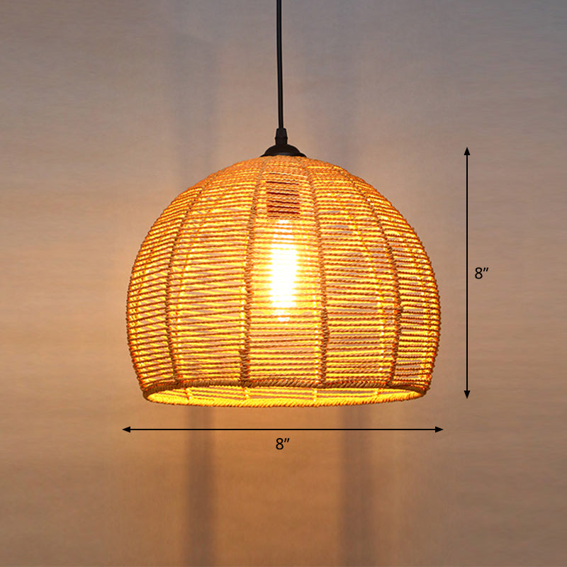 Country Style Wood Rope Pendant Light For Restaurants - Single Cage Shade Suspension