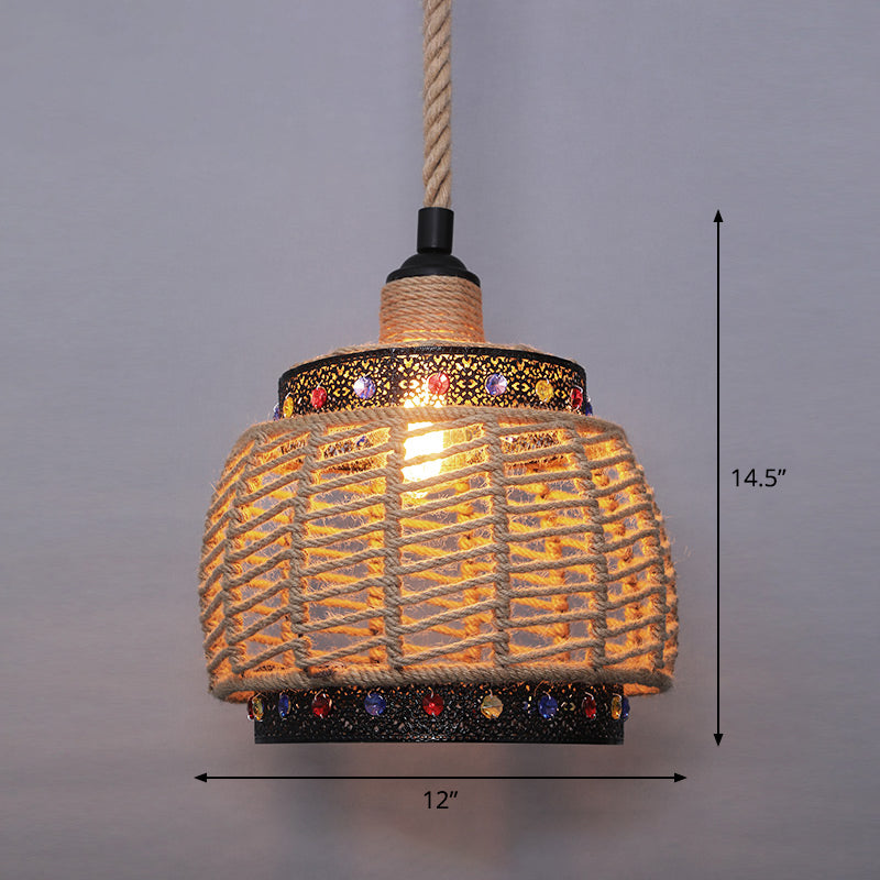 Country Style Wood Rope Pendant Light For Restaurants - Single Cage Shade Suspension
