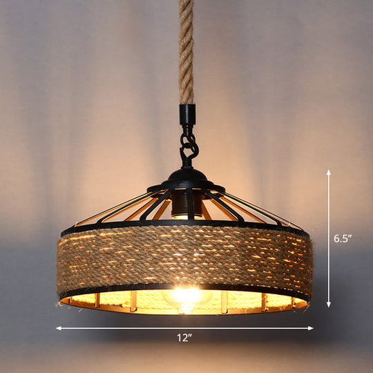 Country Style Wood Rope Pendant Light For Restaurants - Single Cage Shade Suspension