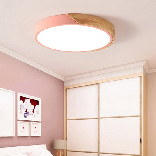 Round Led Macaron Ceiling Light With Acrylic Shade And Wood Accents Pink / 9
