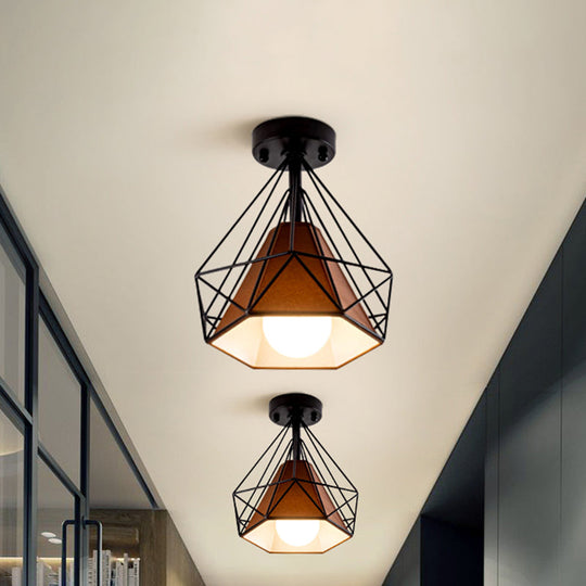 Industrial Metal Flush Ceiling Light Fixture - Cage Style Small Aisle 1 Head Black Flushmount