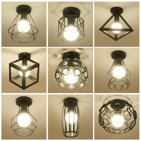 Industrial Metal Flush Ceiling Light Fixture - Cage Style Small Aisle 1 Head Black Flushmount