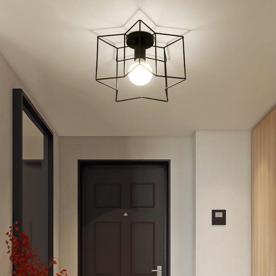 Industrial Metal Flush Ceiling Light Fixture - Cage Style Small Aisle 1 Head Black Flushmount