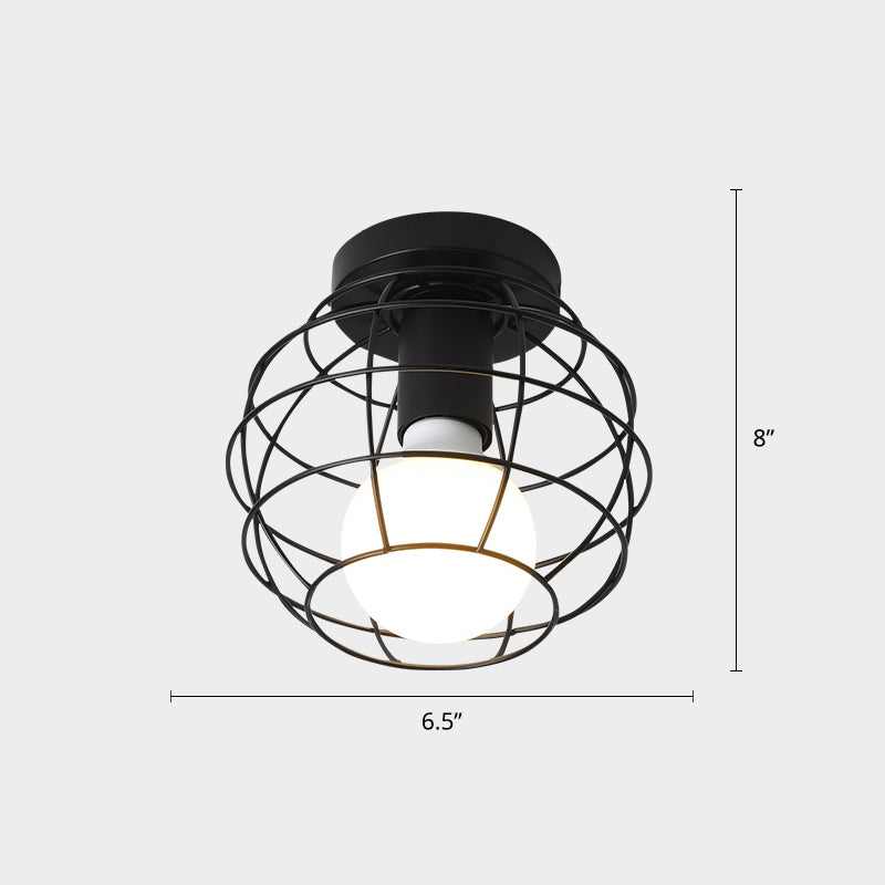 Industrial Metal Flush Ceiling Light Fixture - Cage Style Small Aisle 1 Head Black Flushmount