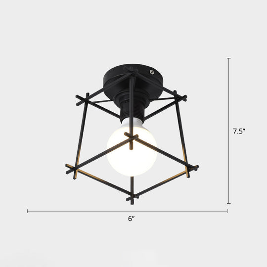 Industrial Metal Flush Ceiling Light Fixture - Cage Style Small Aisle 1 Head Black Flushmount