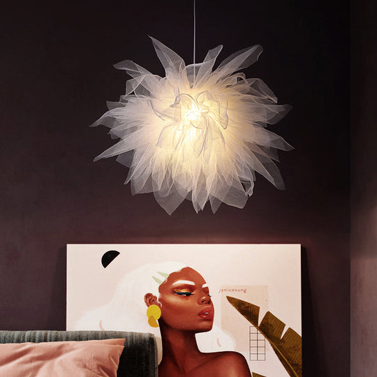 White Floral Tulle Pendant Light For Living Room - Nordic Style