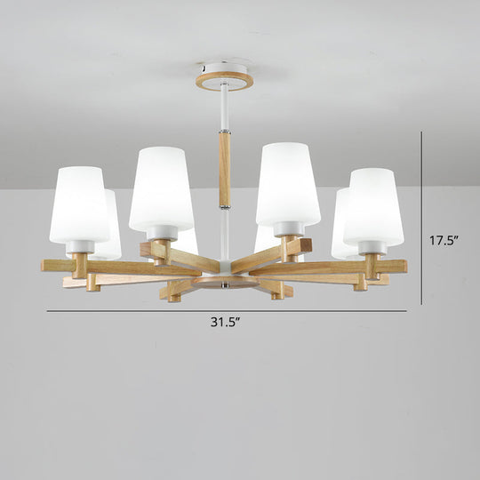 Modern Milk Glass Chandelier With Wood Suspension For Living Room Lighting