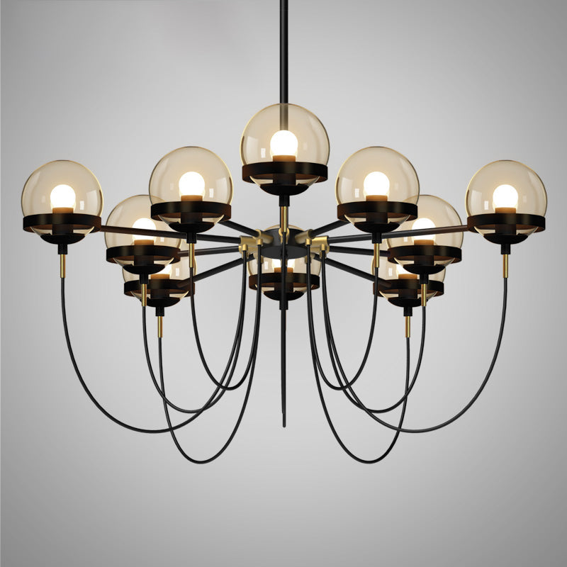 Country-Style Cognac Glass Pendant Light With Swoop Arm - Ball Chandelier 10 / Black