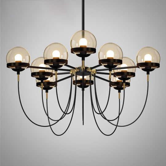 Country-Style Cognac Glass Pendant Light With Swoop Arm - Ball Chandelier 10 / Black