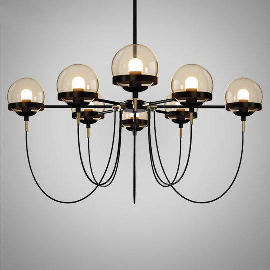 Country-Style Cognac Glass Pendant Light With Swoop Arm - Ball Chandelier 8 / Black