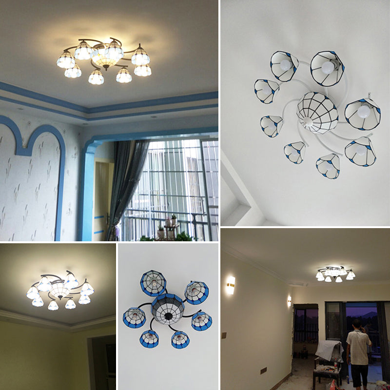 Scalloped Glass Semi Flush Mount Ceiling Light With Mediterranean Style