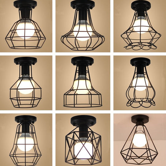 Industrial Cage Metal Ceiling Light In Black - Single - Bulb Semi Flush Fixture Ideal For Corridor